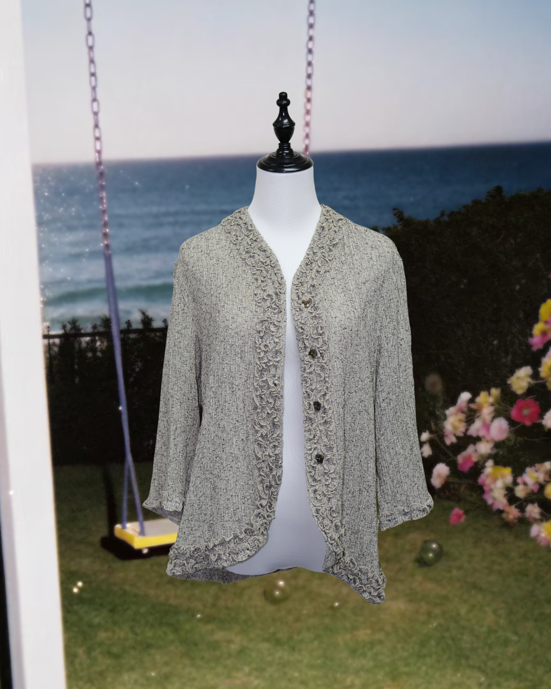 Grey Tweed Ruffle Trim Cardigan