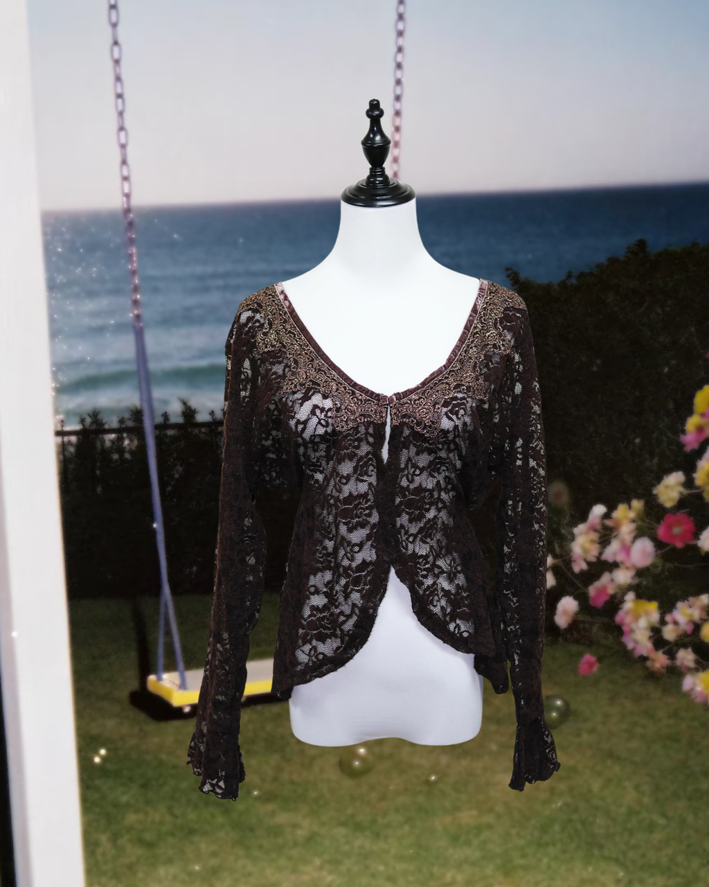 Dark Brown Sheer Lace Cardigan with Velvet Trim & Bell Sleeves