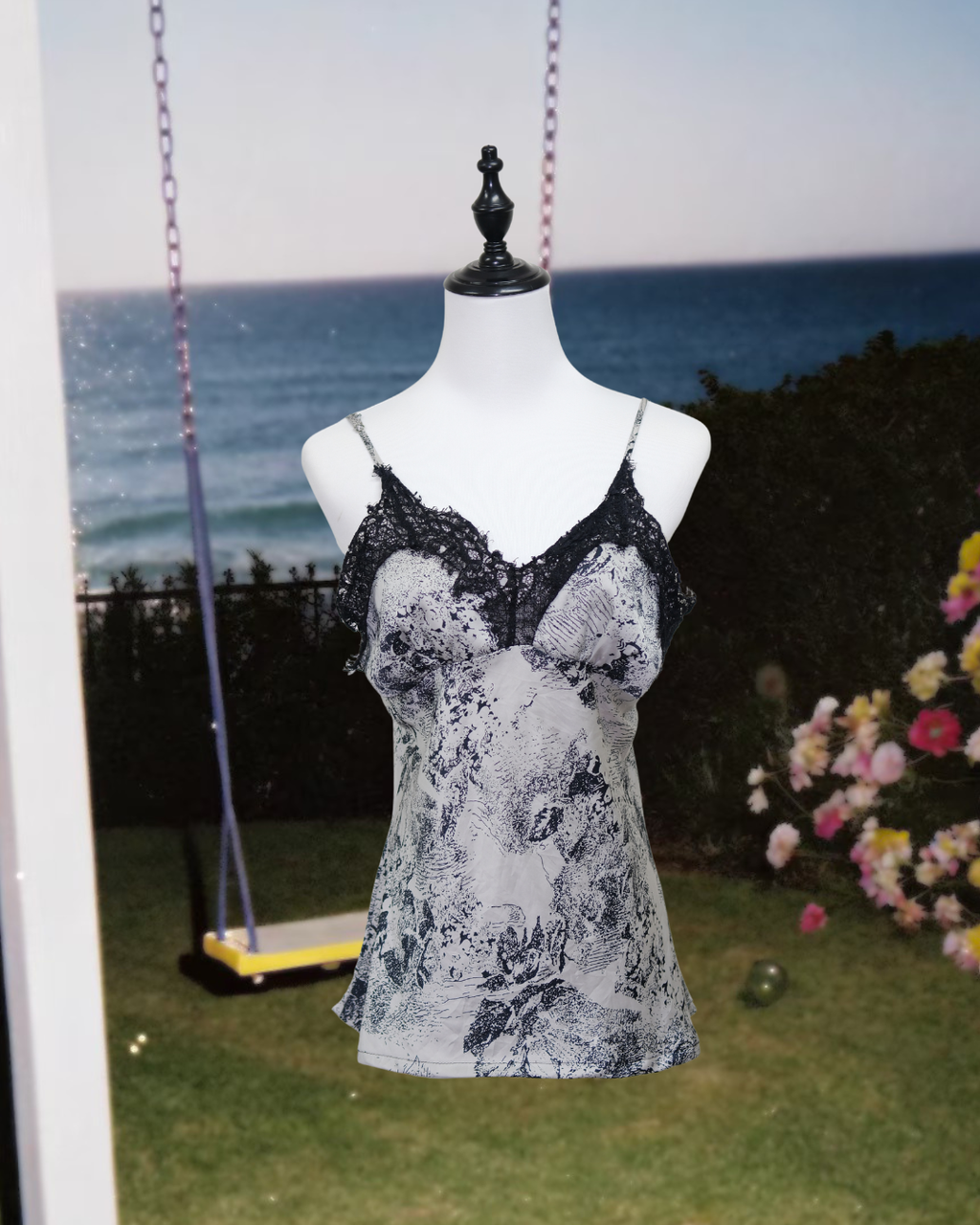 Black & White Landscape Print Satin Lace Cami Top