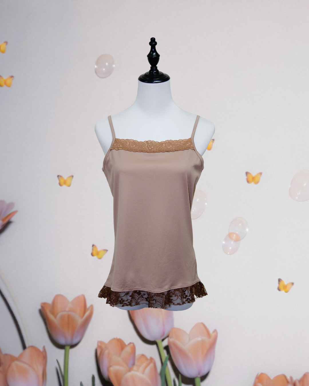 Taupe Lace Trim Cami with Hem Detail
