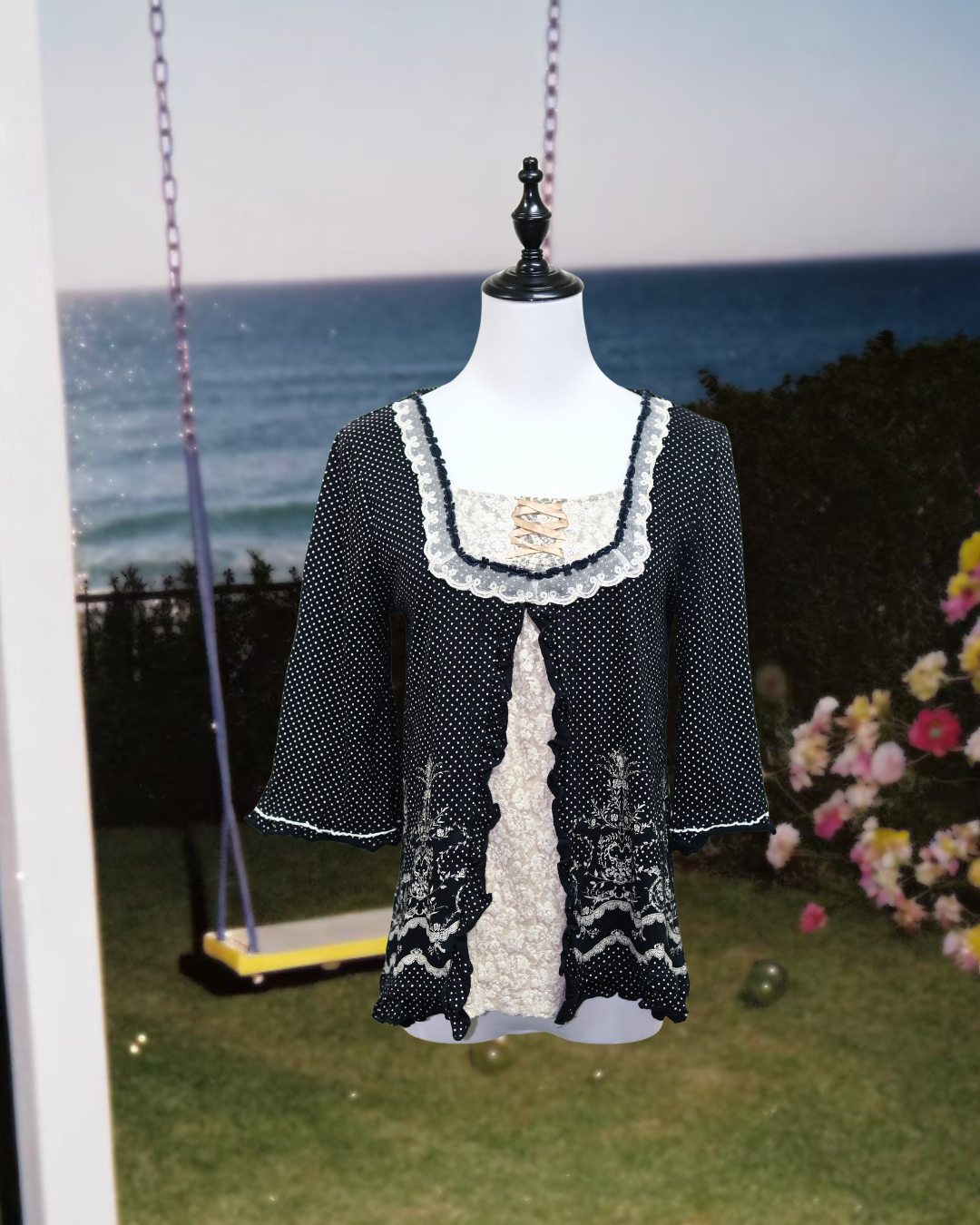 Black Polka Dot Lace Trim Corset Blouse
