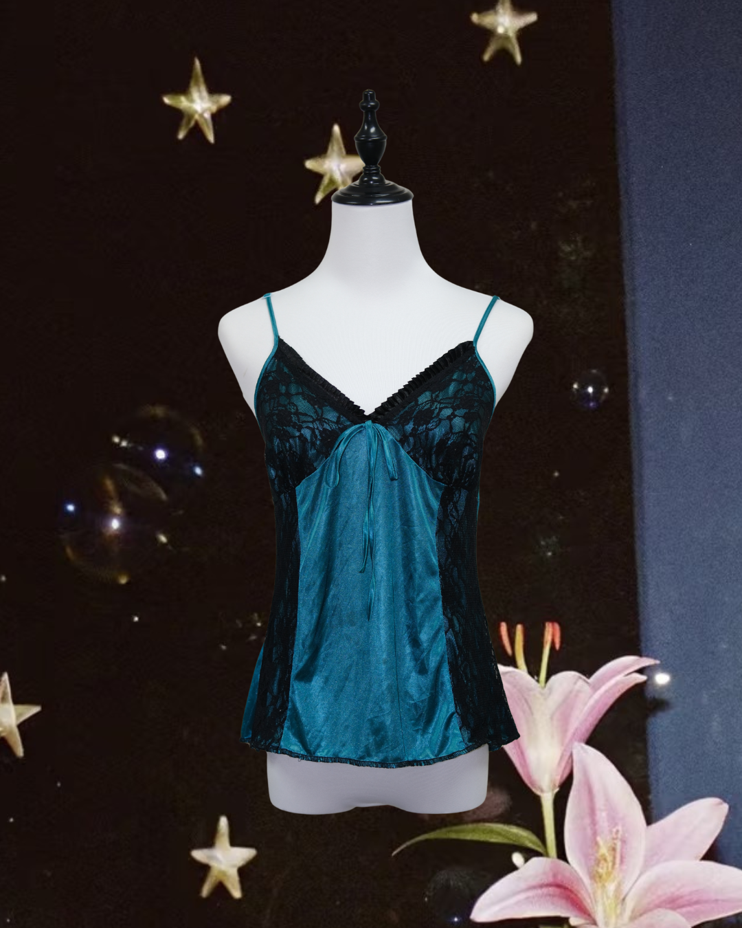 Coquette Teal Satin Lace Panel Cami Blouse