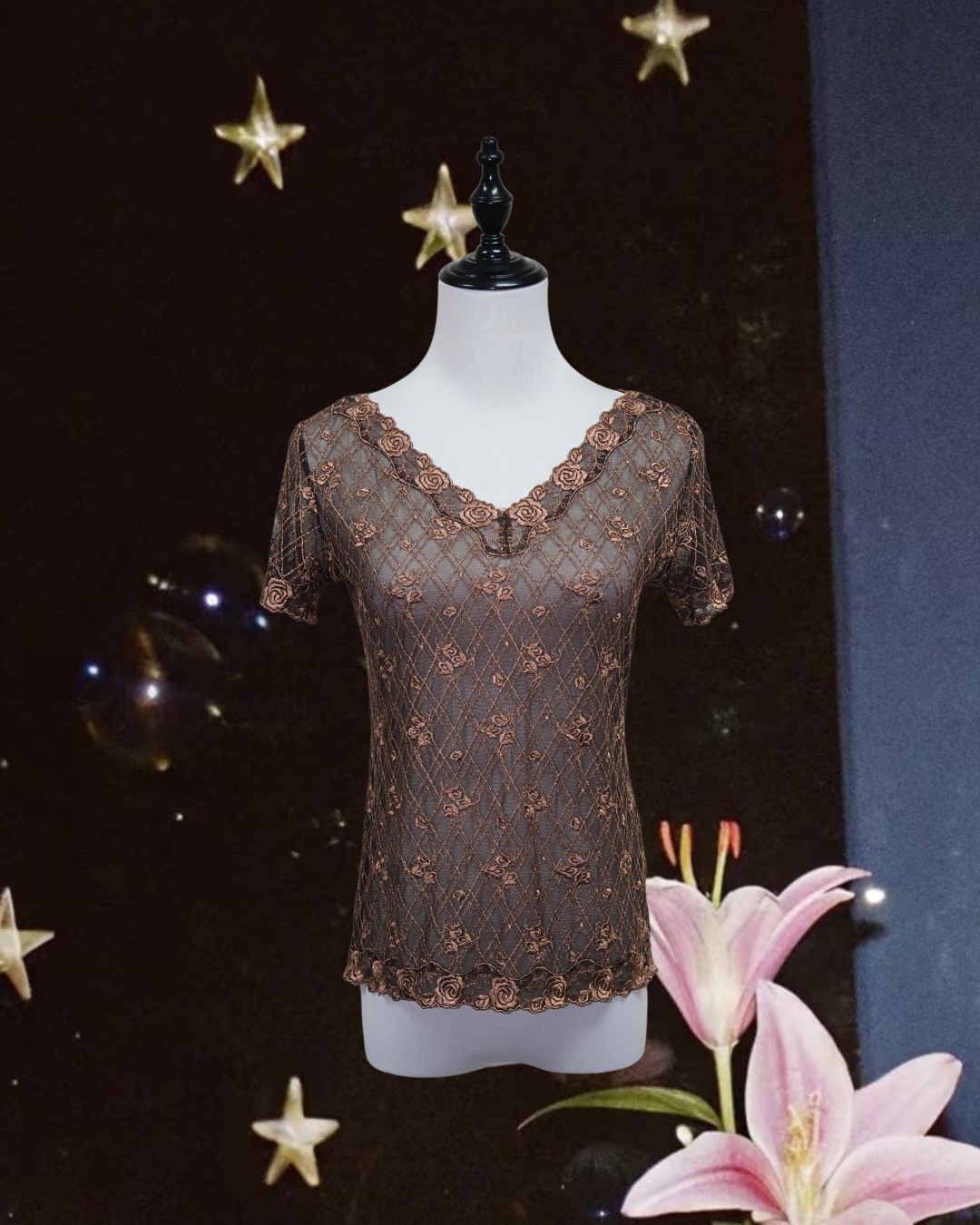 Brown Floral Lace Sheer V-Neck Blouse