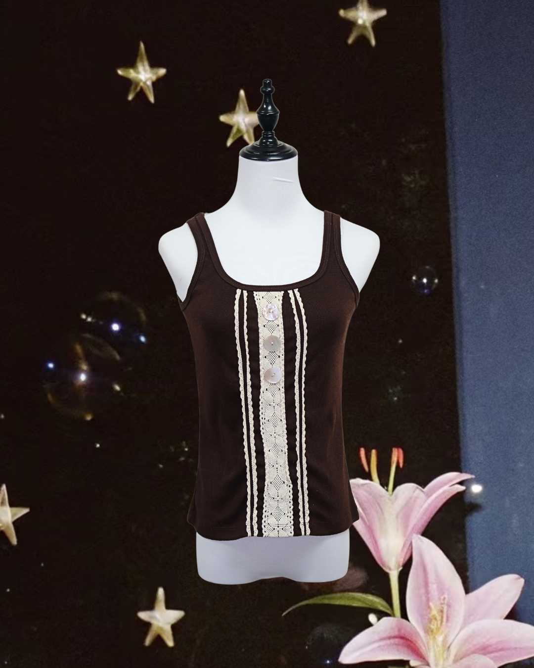 Brown Tank Top with Cream Lace & Shell Buttons