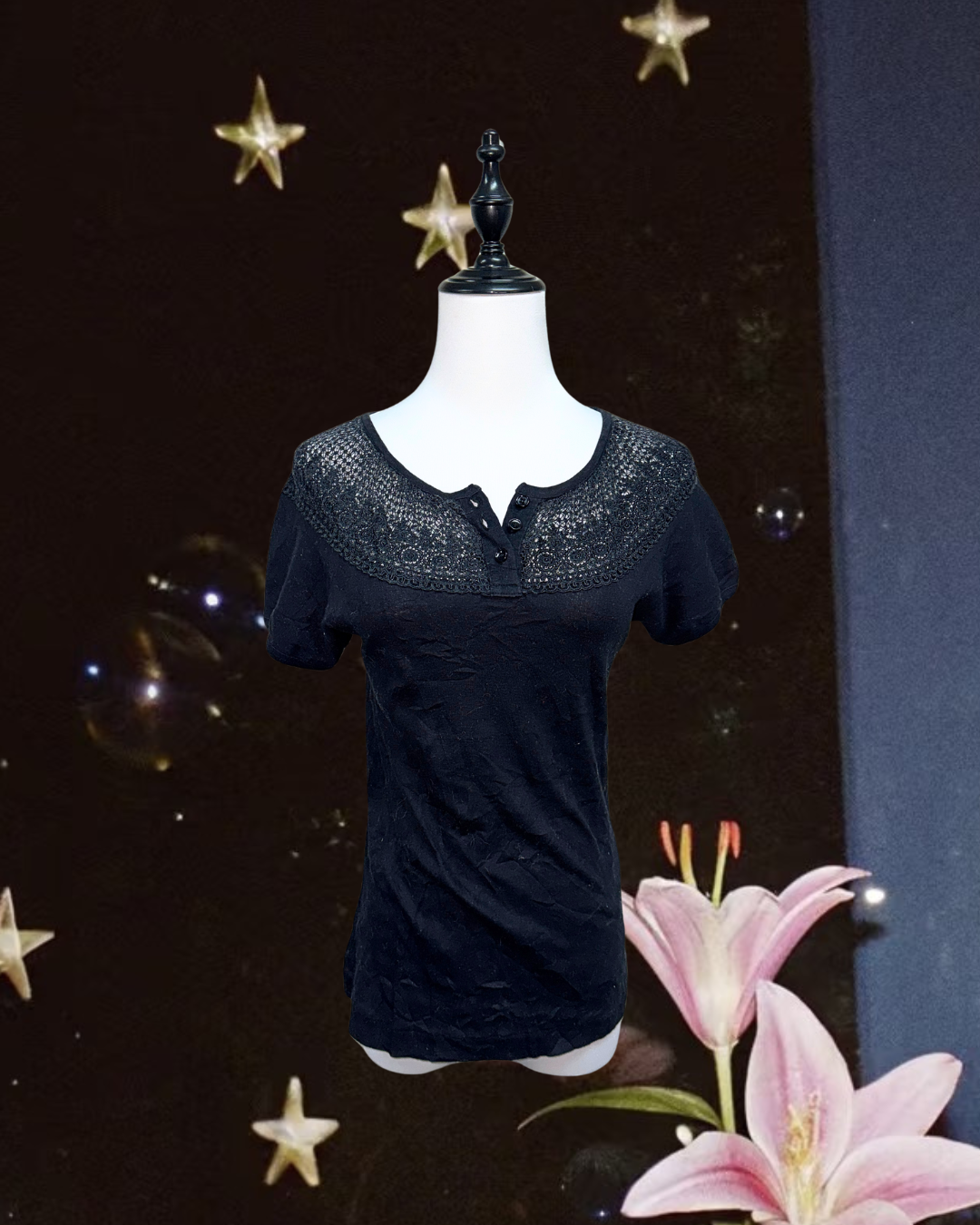 Black Lace Yoke Henley Short Sleeve Tee