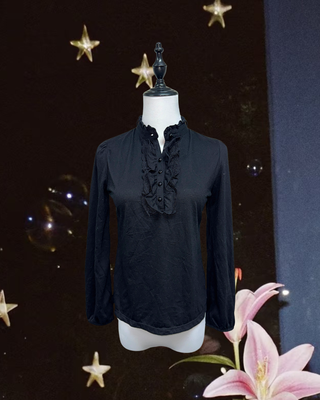 Black Ruffle Front Henley Blouse