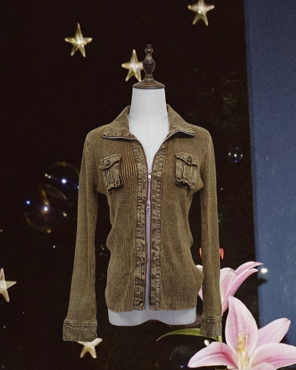 Brown Washed Ribbed Zip-Up Jacket