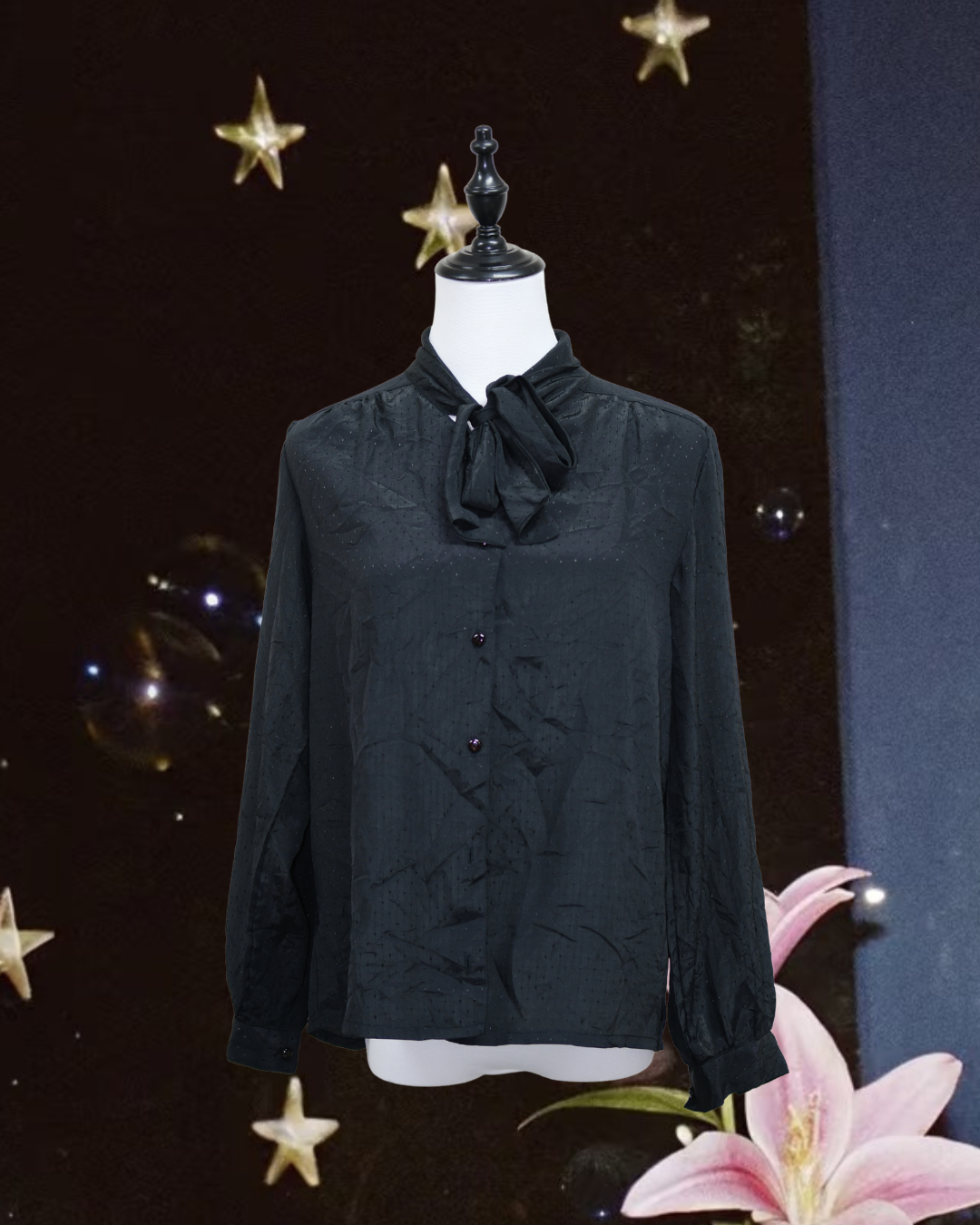 Classic Black Bow Neck Sheer Blouse