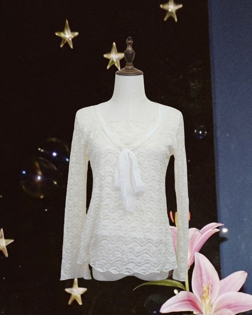 White Lace Sheer Blouse with Neck Bow