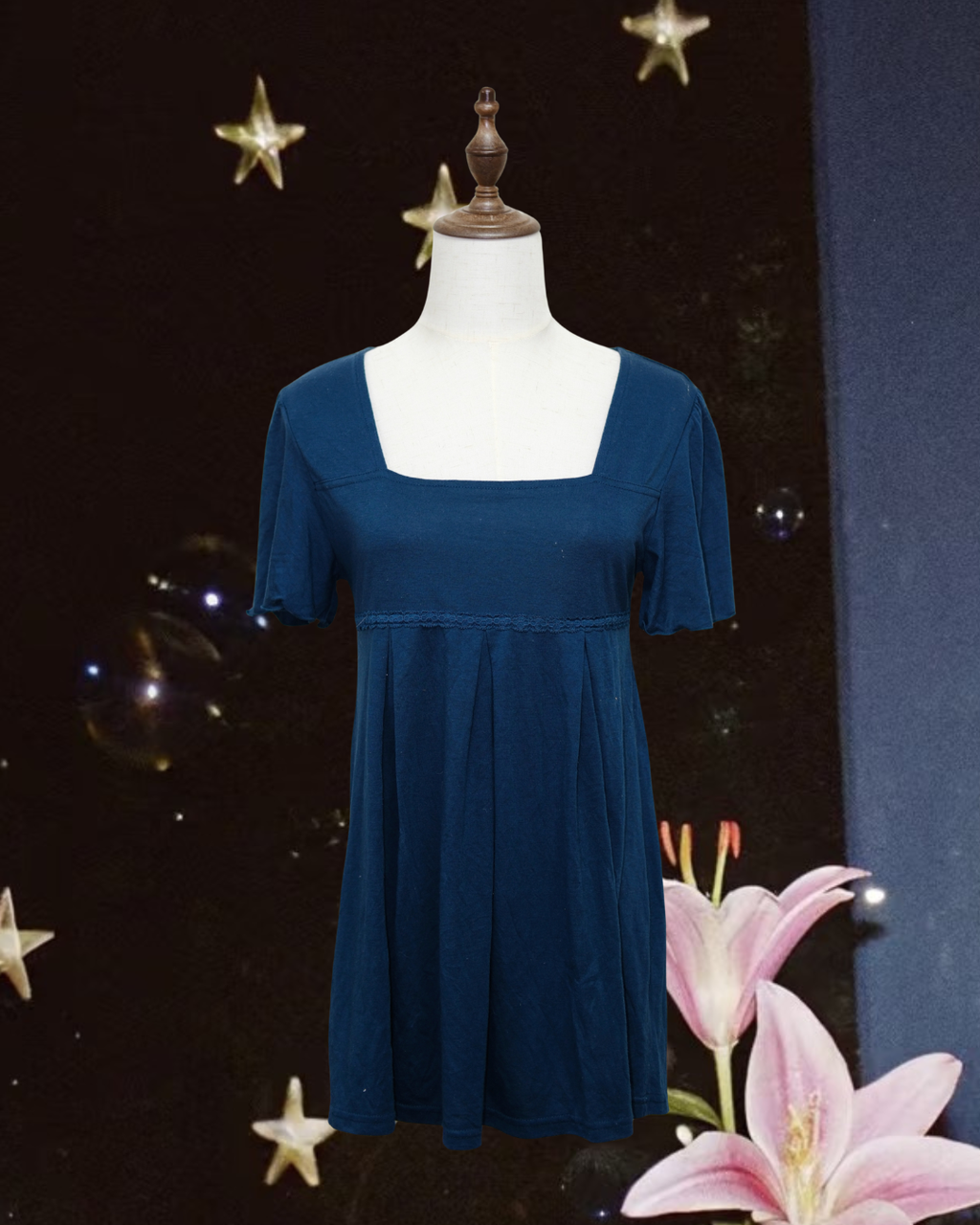 Navy Blue Square Neck Lace-Waist Babydoll Mini Dress