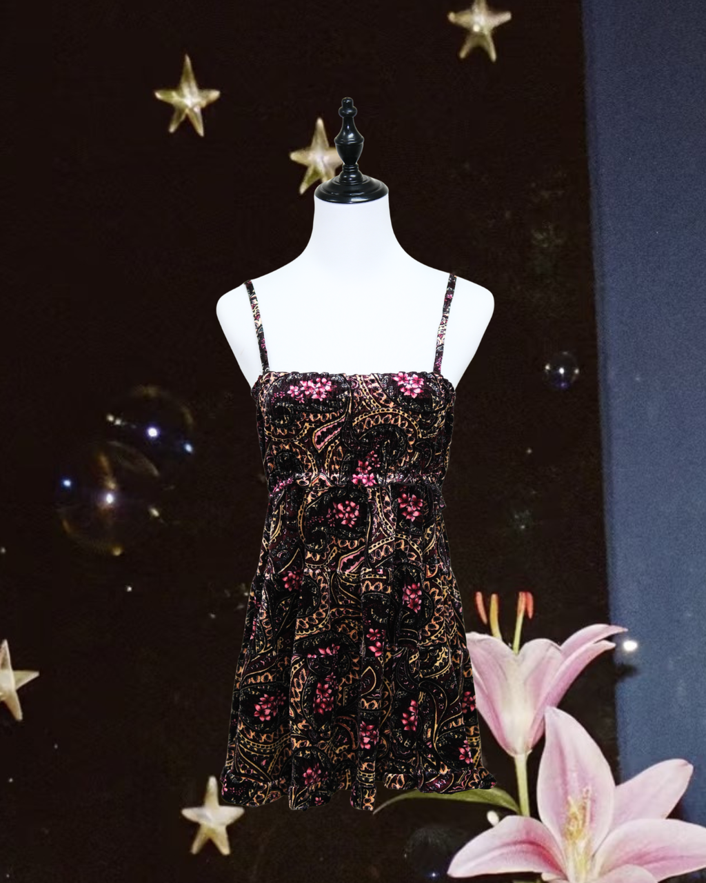 Black Velvet Paisley Floral Print Babydoll Cami Dress