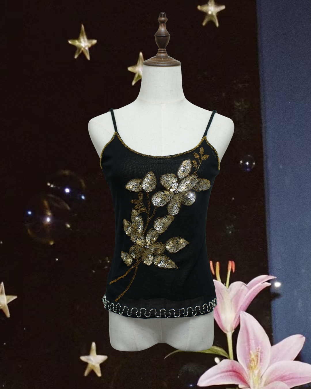 Black Mesh Gold Sequin Floral Strap
