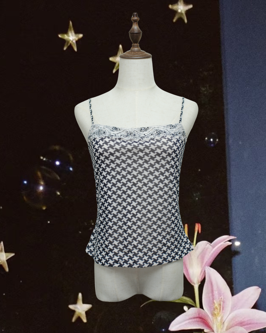 Black White Houndstooth Lace Trim Straight Neck Slim Cami