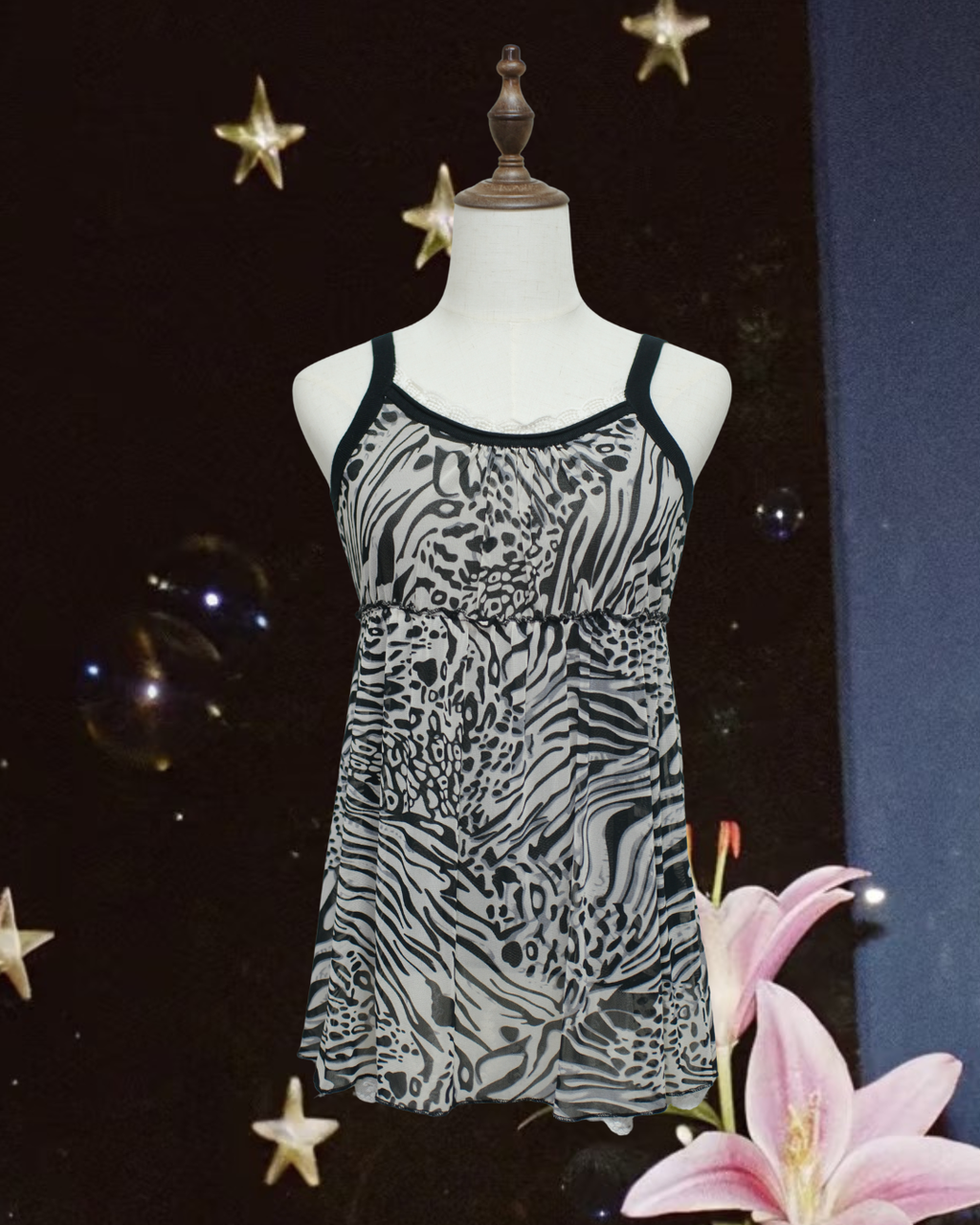 Black Trim Zebra Leopard Print Babydoll Cami Top