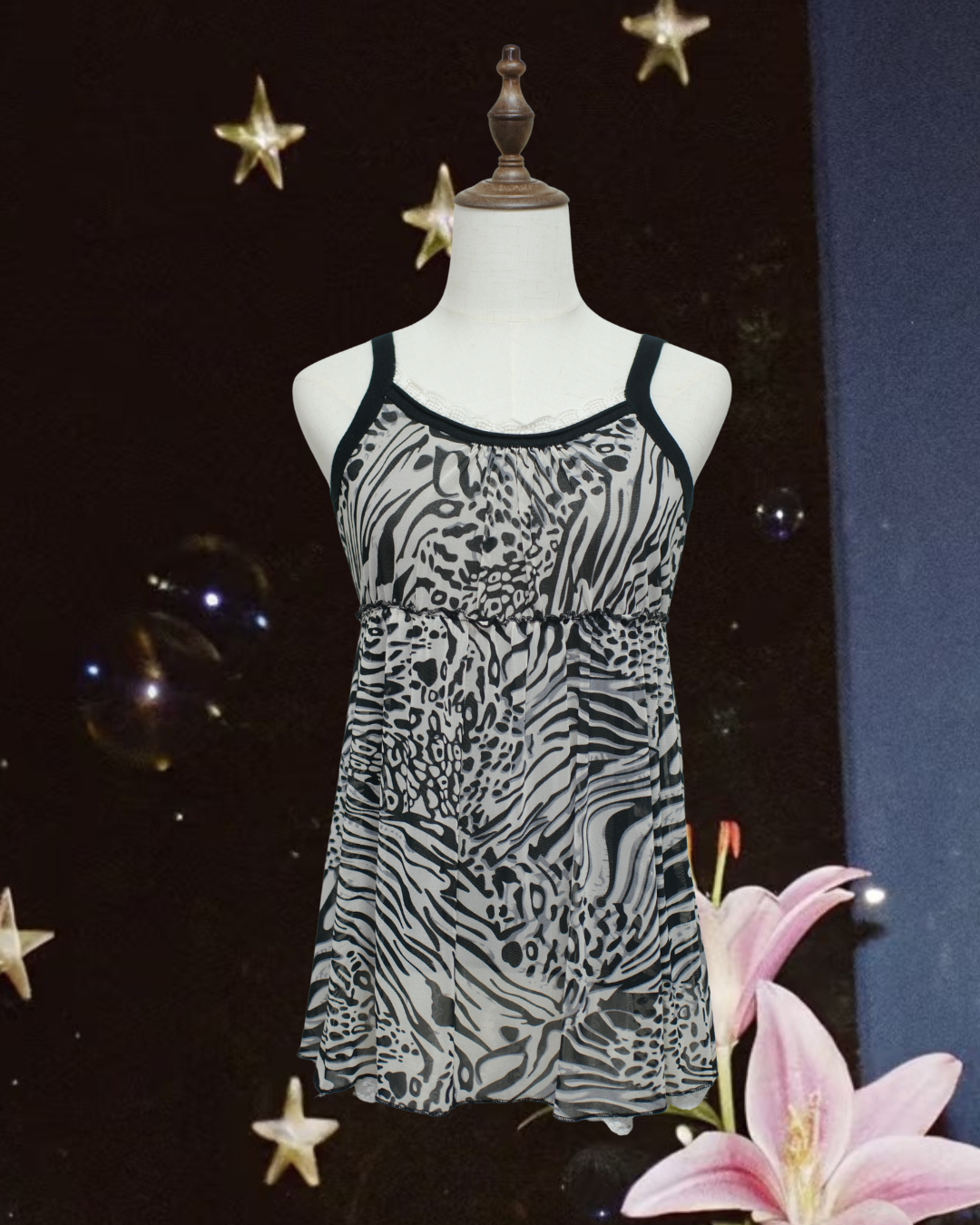 Black Trim Zebra Leopard Print Babydoll Cami Top