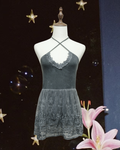 Charcoal Grey Crisscross Halter Lace Embroidered Blouse