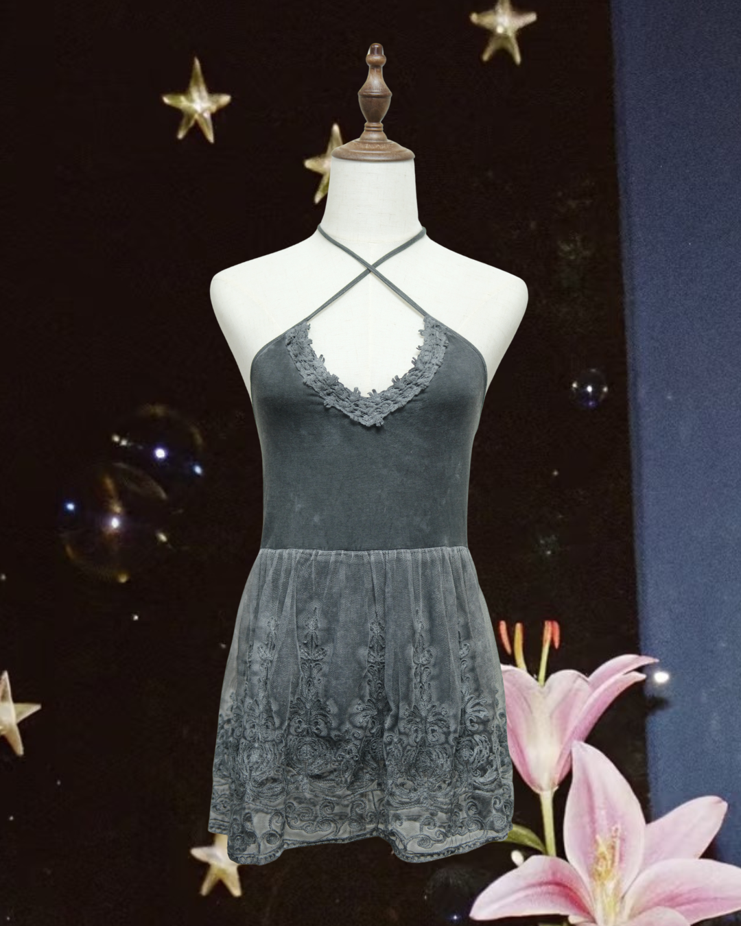 Charcoal Grey Crisscross Halter Lace Embroidered Blouse