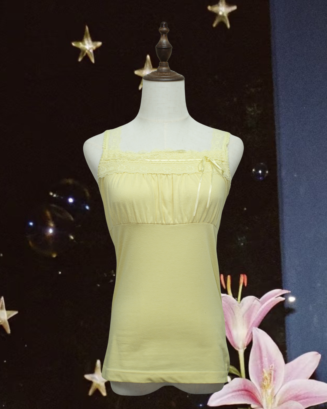 Pale Yellow Bust‑Gather Lace Ribbon Wear