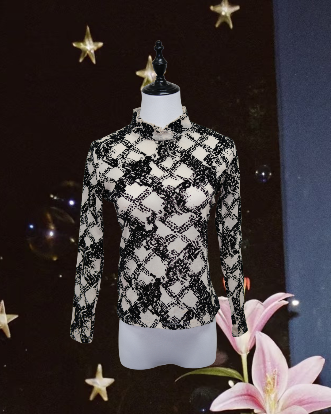 Beige Black Abstract Plaid Print Sheer Mesh Ruffle High Neck Top