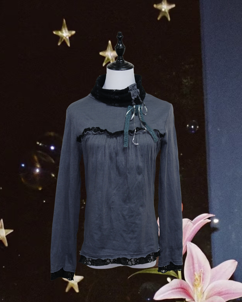 Dark Grey Lace Trim High Neck Long Sleeve Top