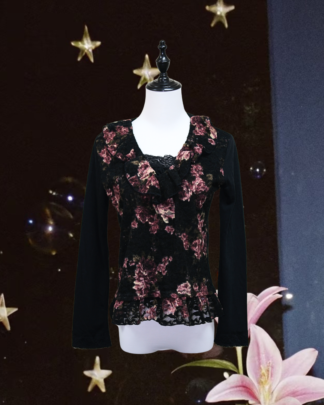 Black Rose Print Lace Peplum Blouse