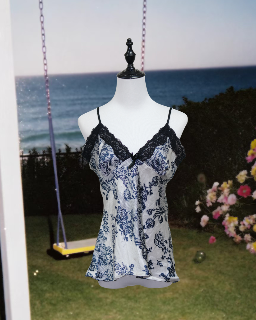 Blue & White Porcelain Print Satin Lace Cami Top