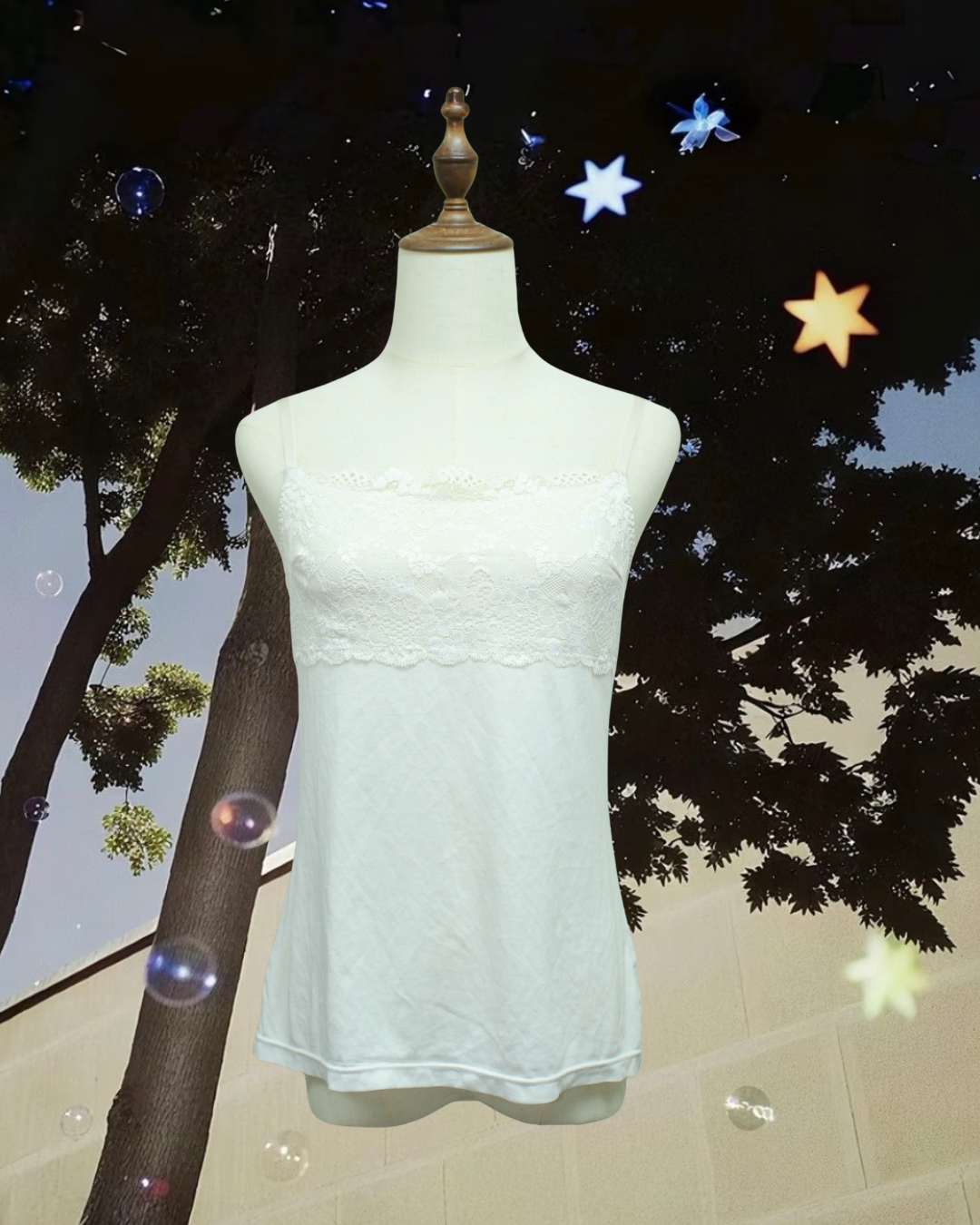 Off White Floral Lace Panel Soft Knit Tank