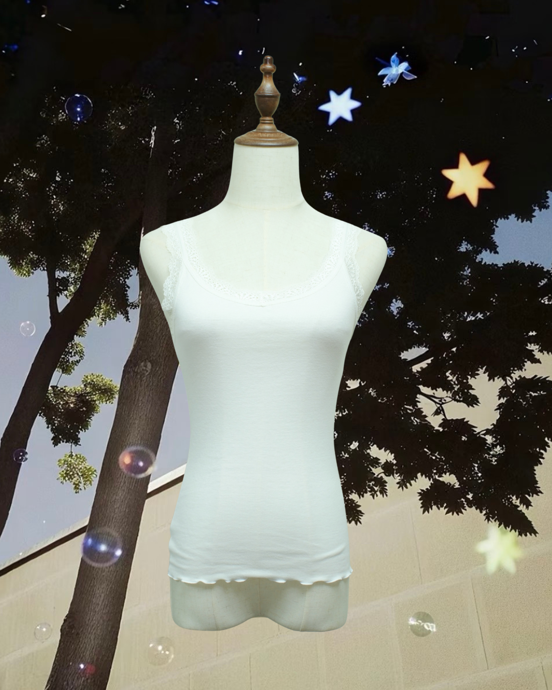 White U-Neck Lace Strap Rib Knit Tank