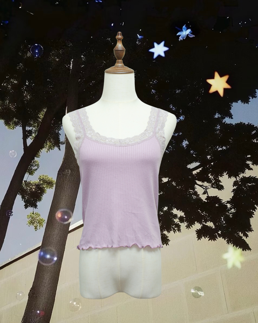 Lavender U-Neck Lace Strap Rib Knit Tank