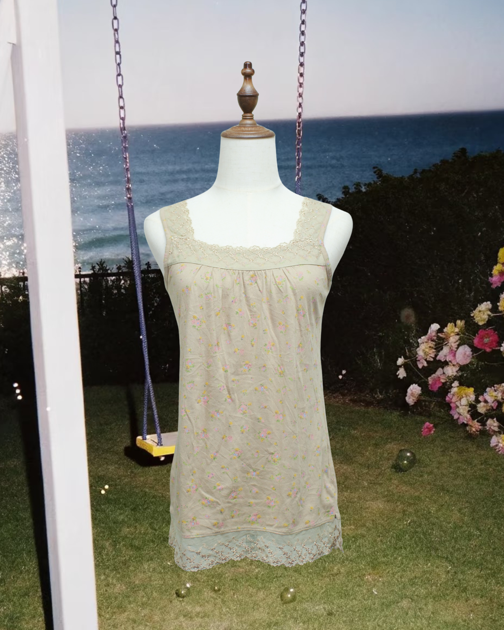 Light Khaki Square Neck Floral Long Soft Knit Tank
