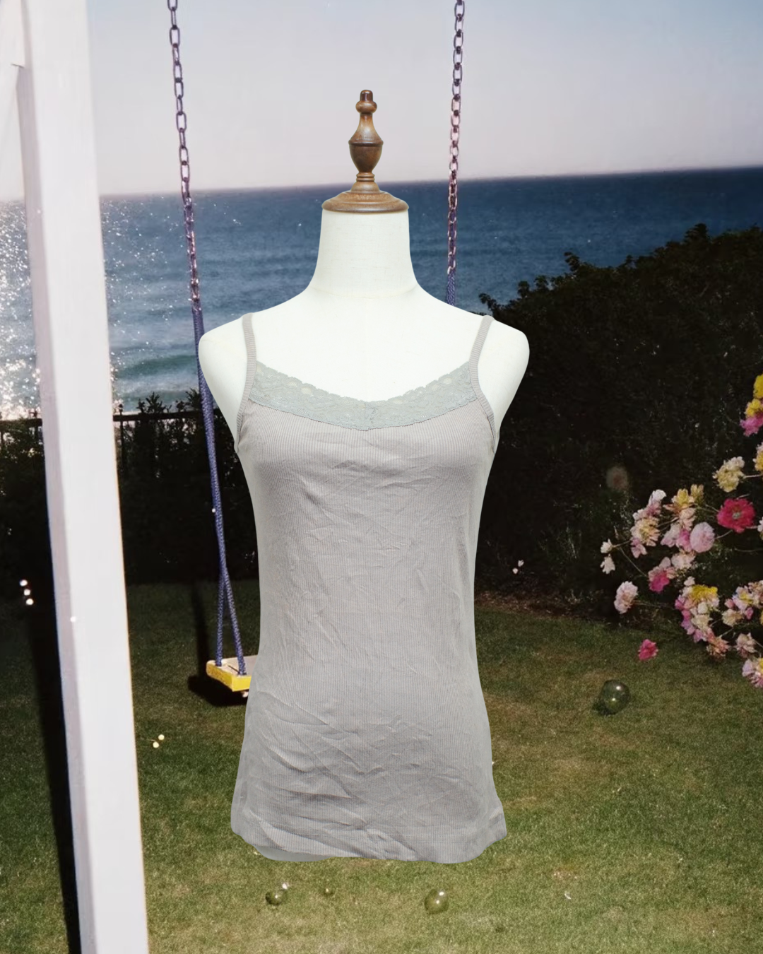Light Grey V-Neck Lace Trim Rib Knit Tank