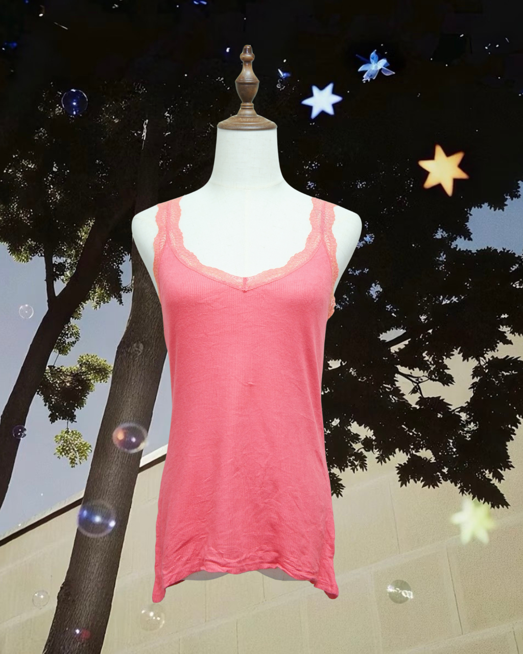 Watermelon Pink Scalloped Lace Ribbed Slim Tank
