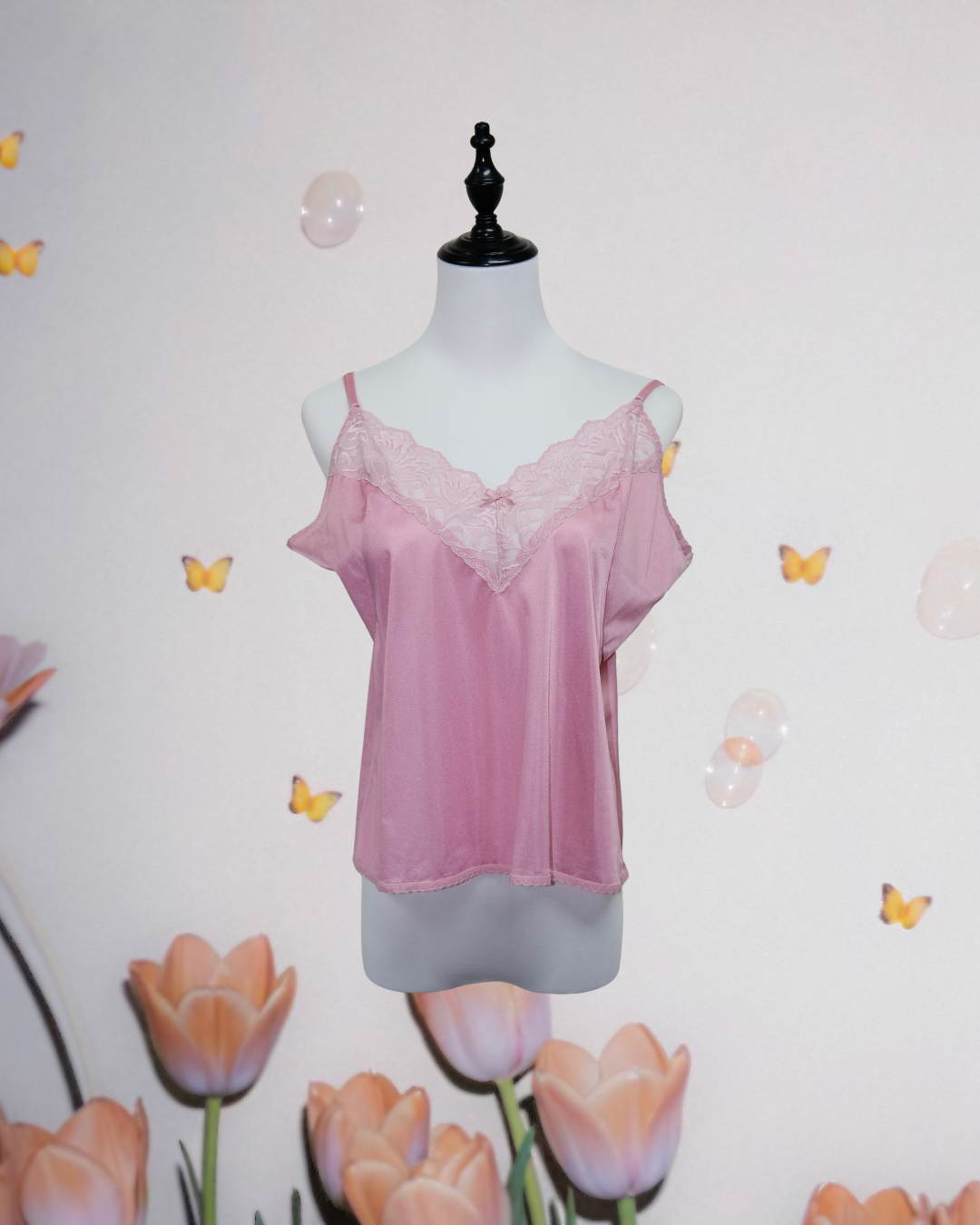 Pink Lace Trim Cold Shoulder Camisole