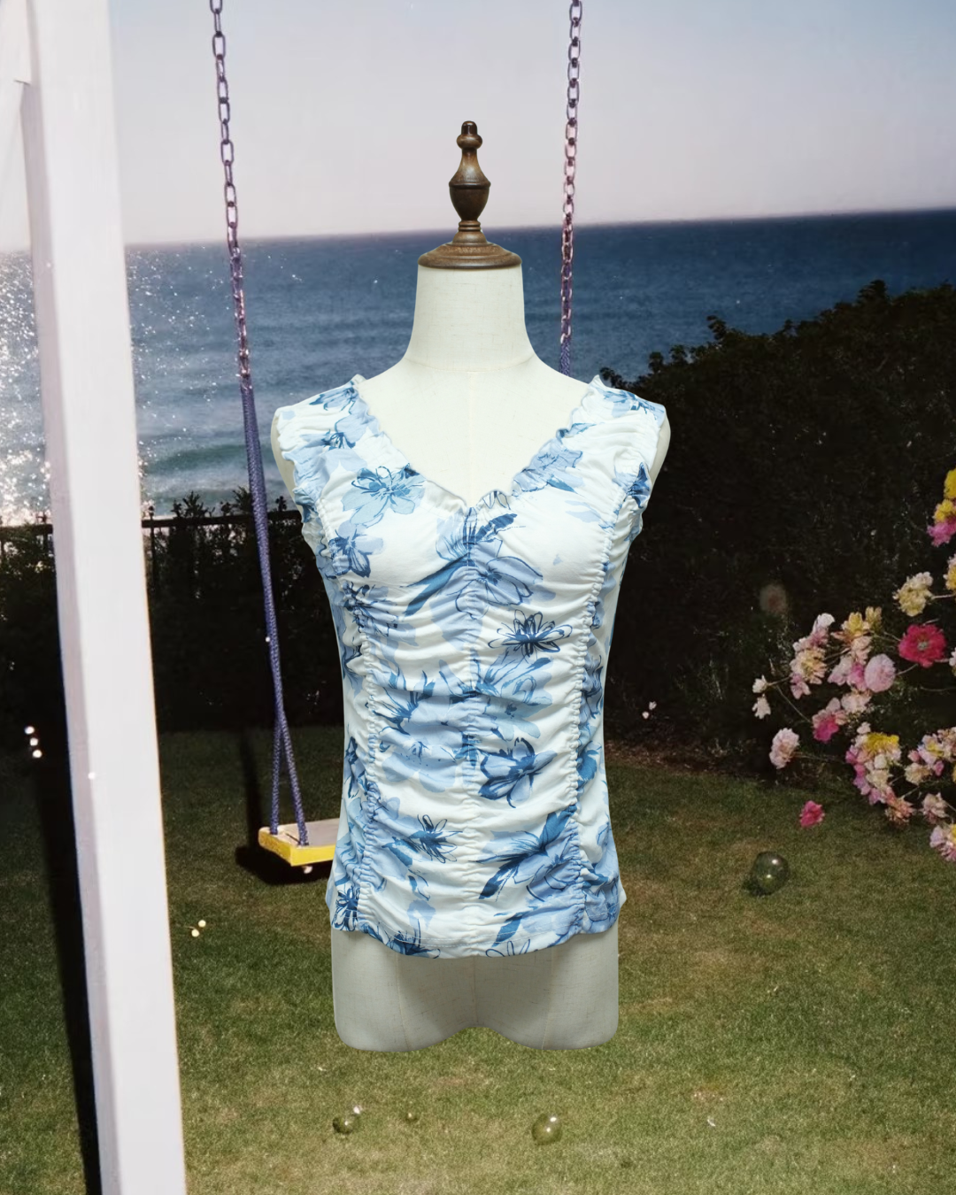 White Base Blue Floral V-Neck Ruching Ruffle Wear