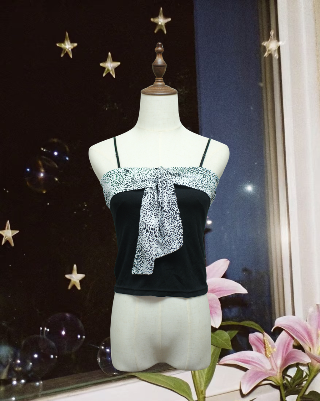 Black‑White Dalmatian‑Dot Bustier Faux‑Layer Wear
