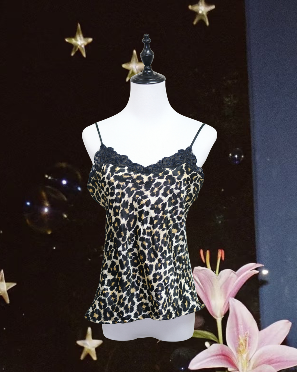 Leopard Print Satin Lace Trim Cami Top