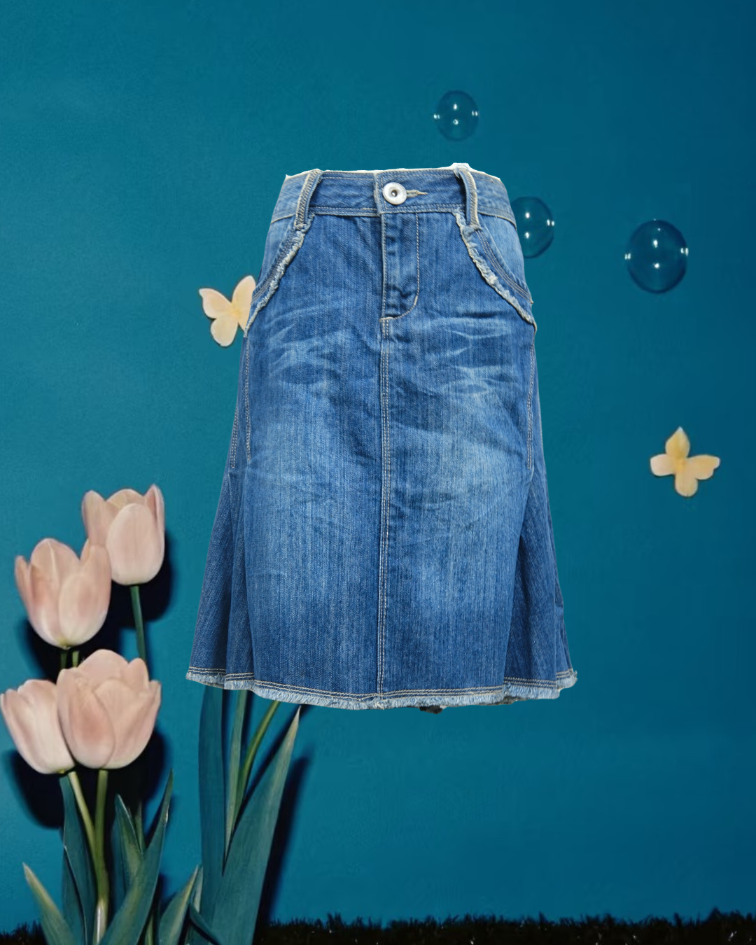 Medium Wash Denim A-Line Skirt with Frayed Edges