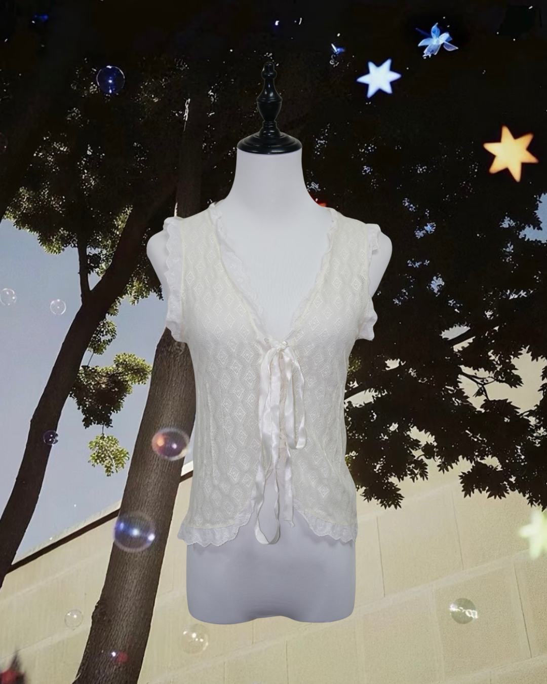 Ivory Lace Trim Sleeveless Tie Vest