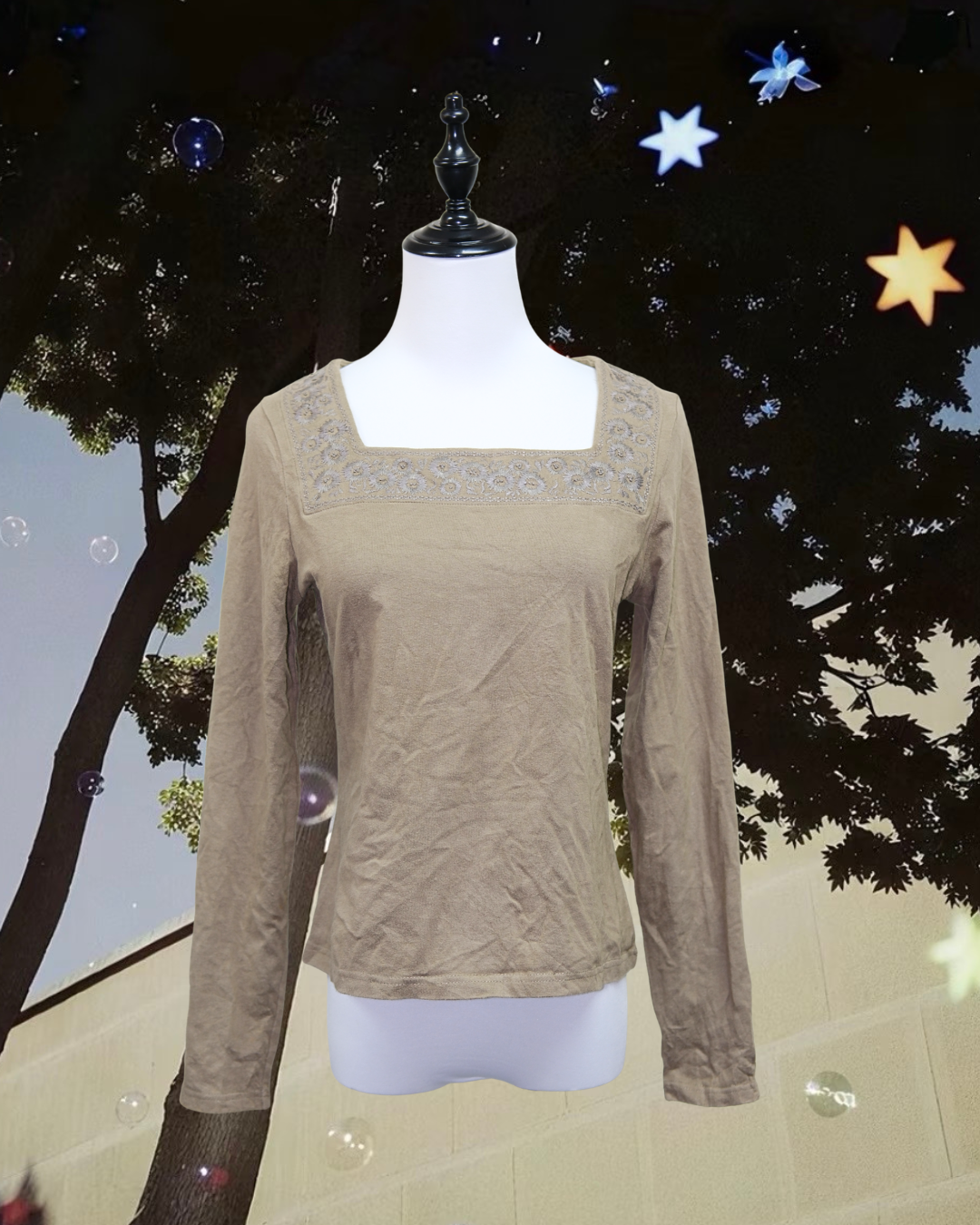 Taupe Embroidered Square Neck Long Sleeve Top