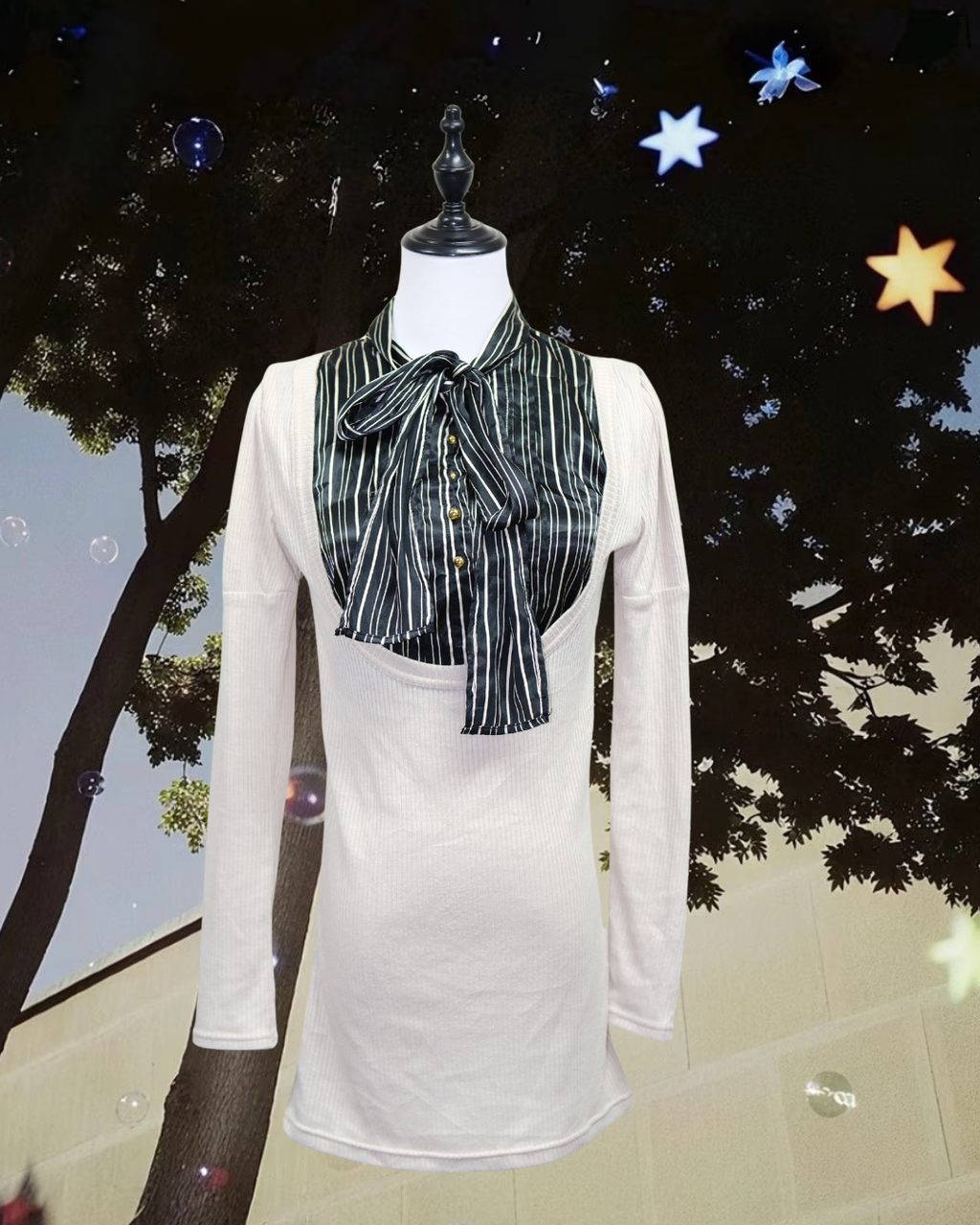 Cream Ribbed Knit Top with Striped Bow Neck