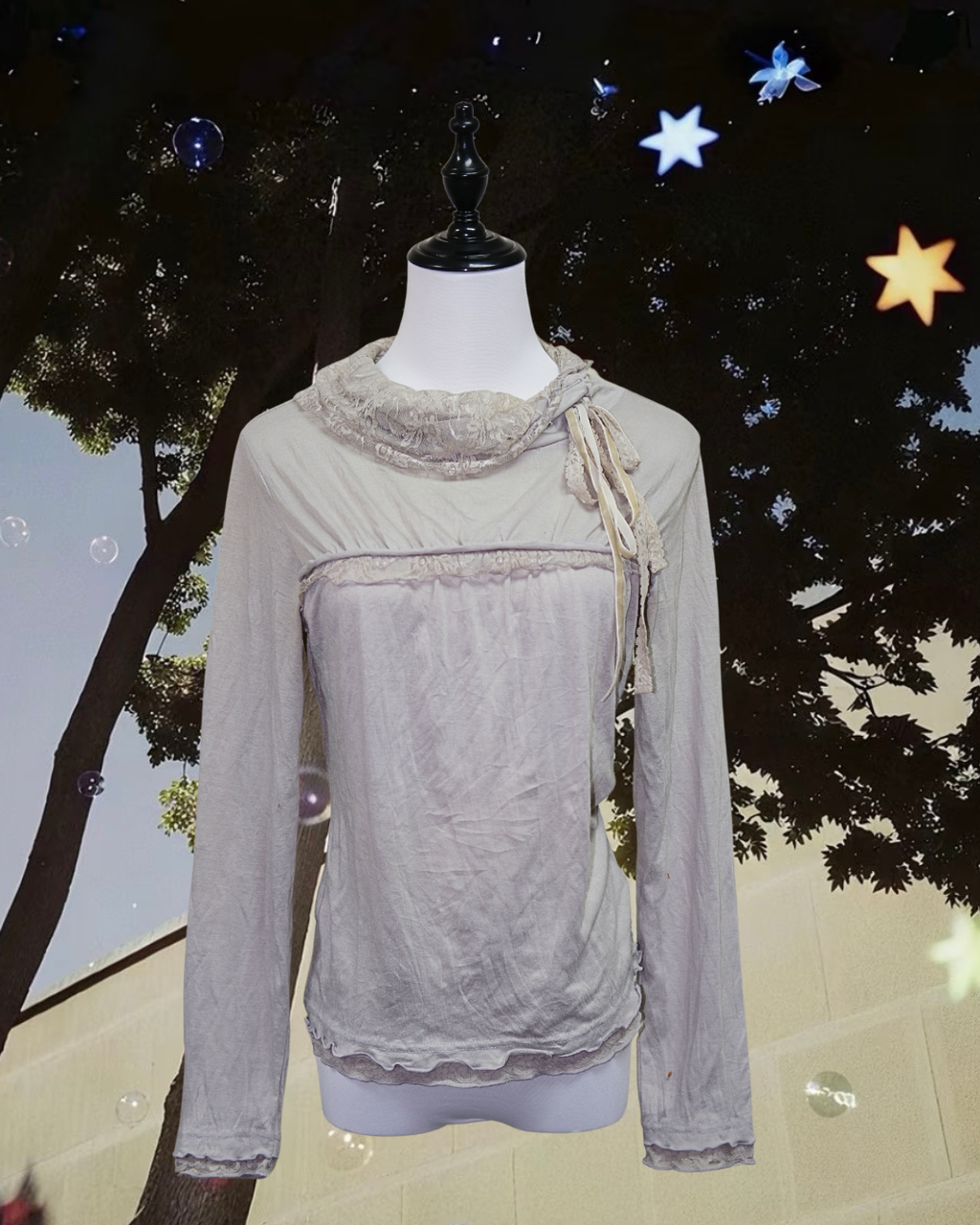 Light Gray Lace Trim Long Sleeve Top