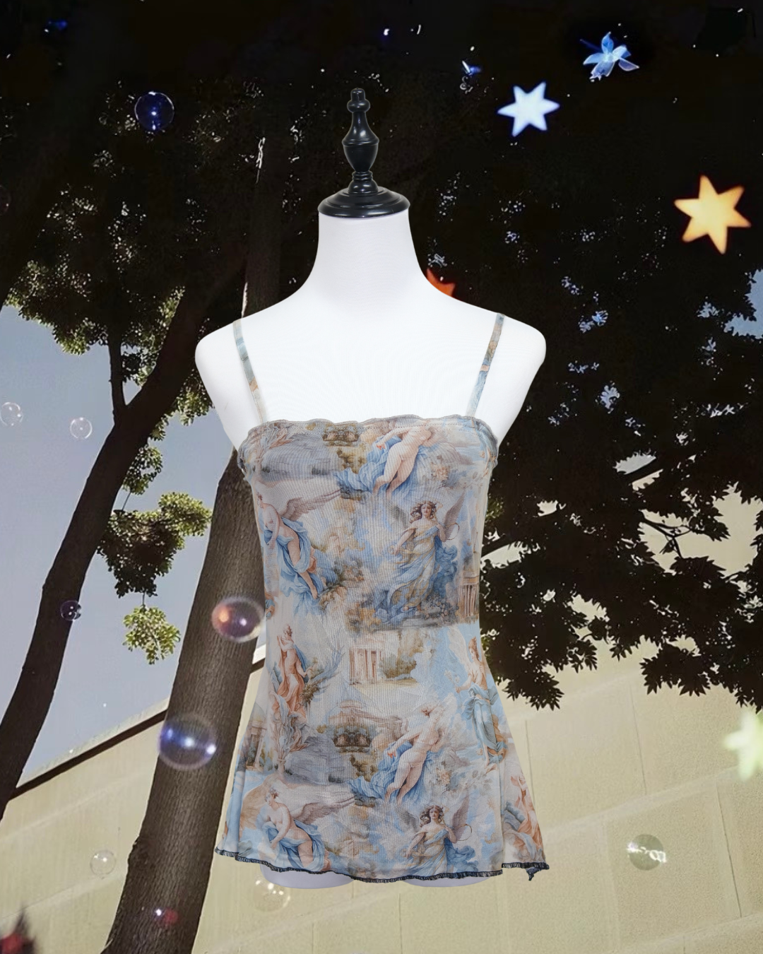 Blue Renaissance Angel Print Mesh Cami Top