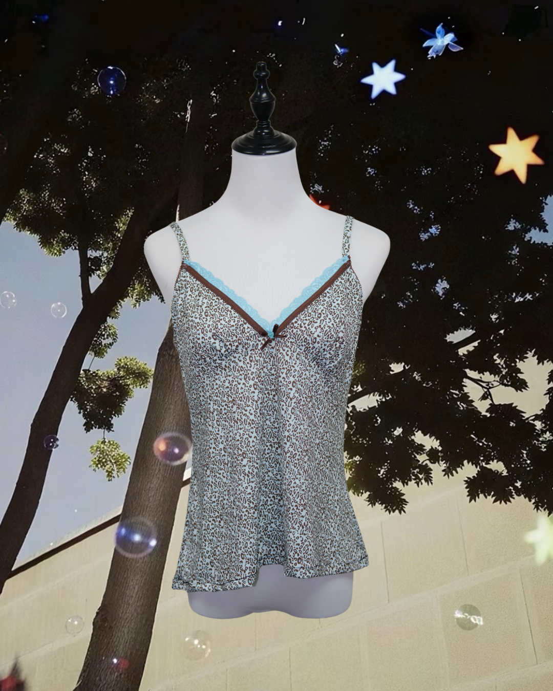 Light Blue Leopard Print Lace Trim Cami
