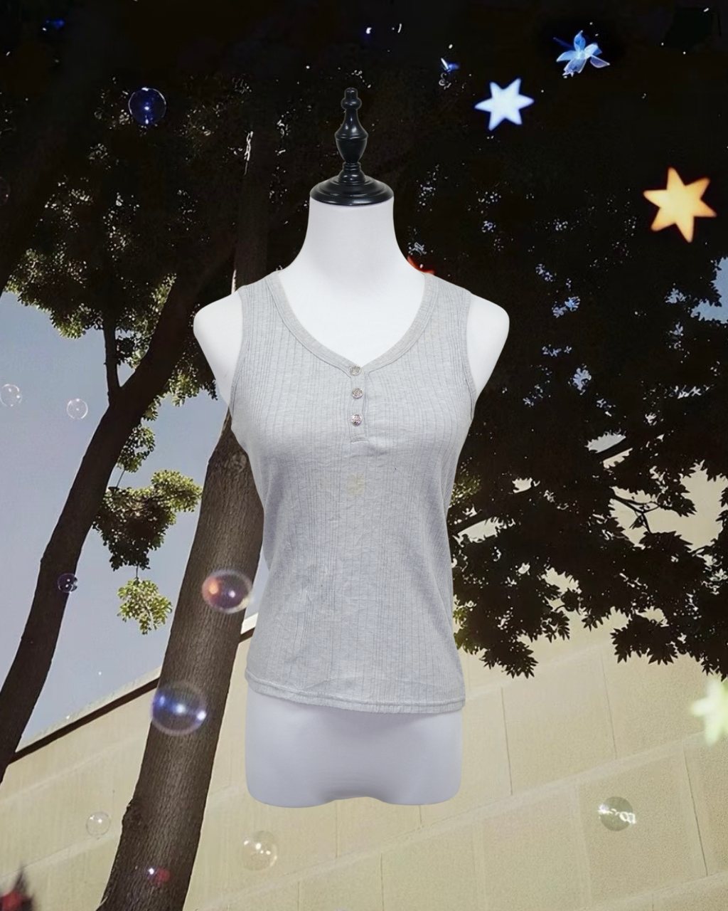 Light Grey Ribbed Henley Tank with Lace Back