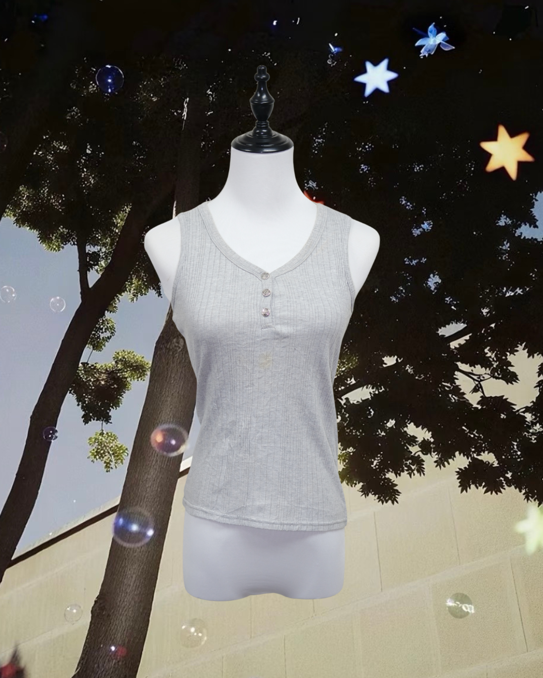 Light Grey Ribbed Henley Tank with Lace Back