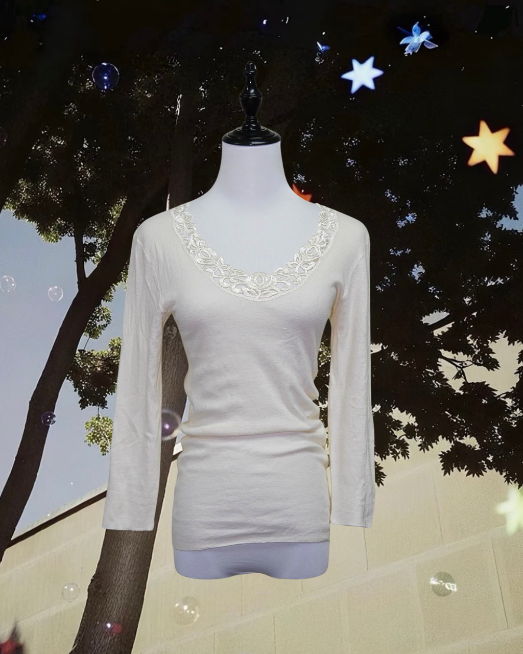 Cream Floral Lace Neckline Long Sleeve Top