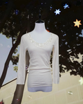 Cream Floral Lace Neckline Long Sleeve Top