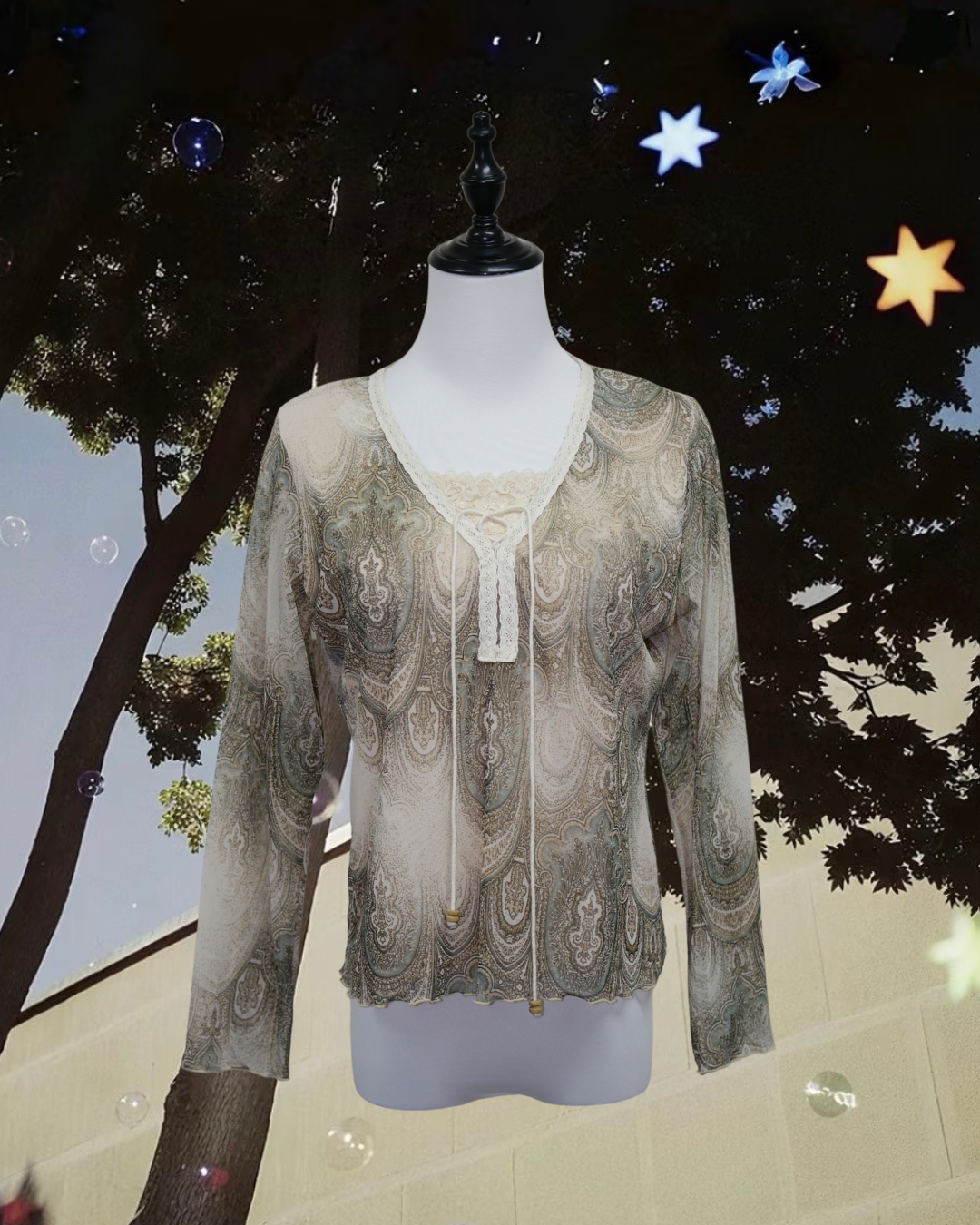 Boho Beige Paisley Print Lace Neckline Top