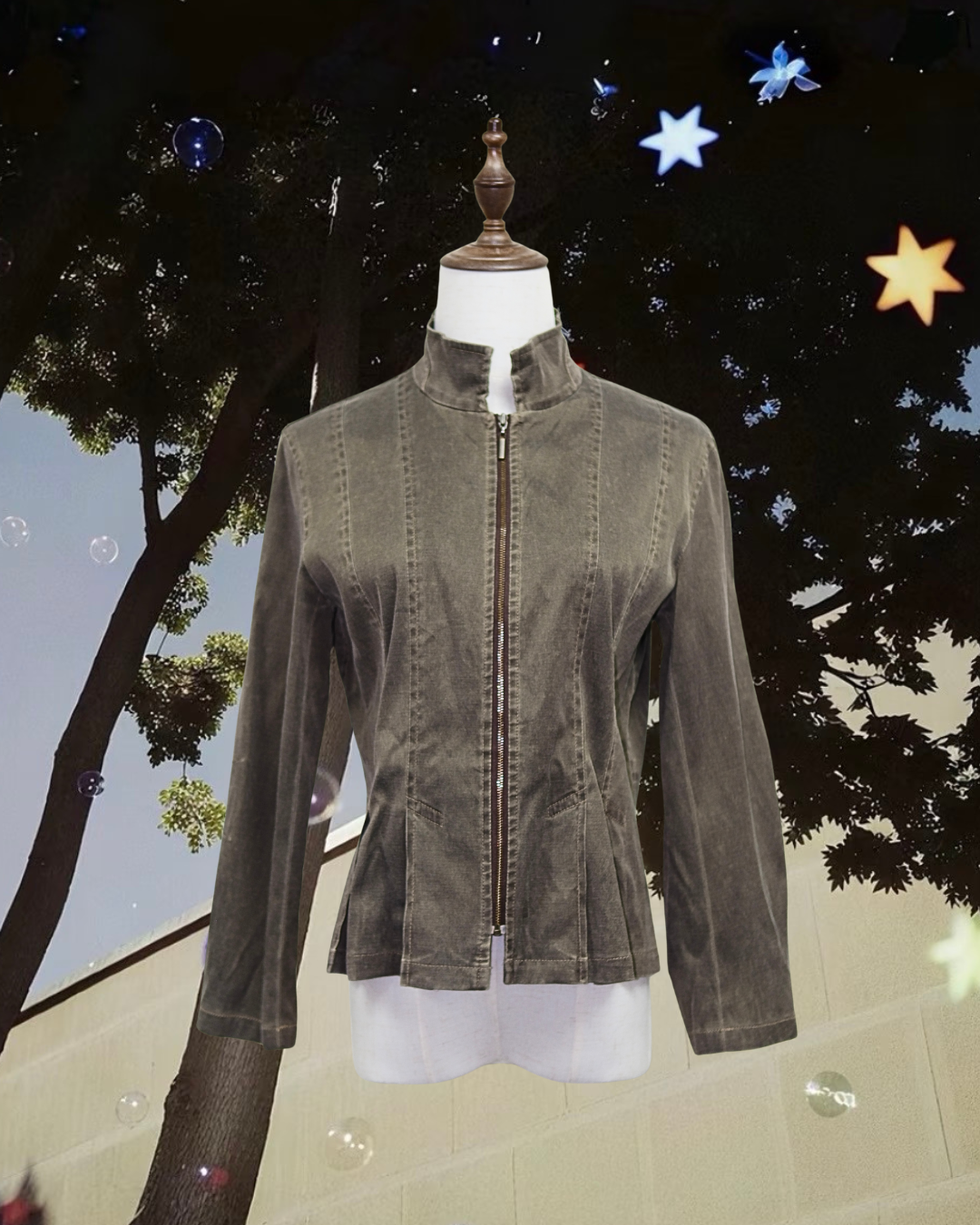 Brown Washed High Collar Zip-Up Jacket