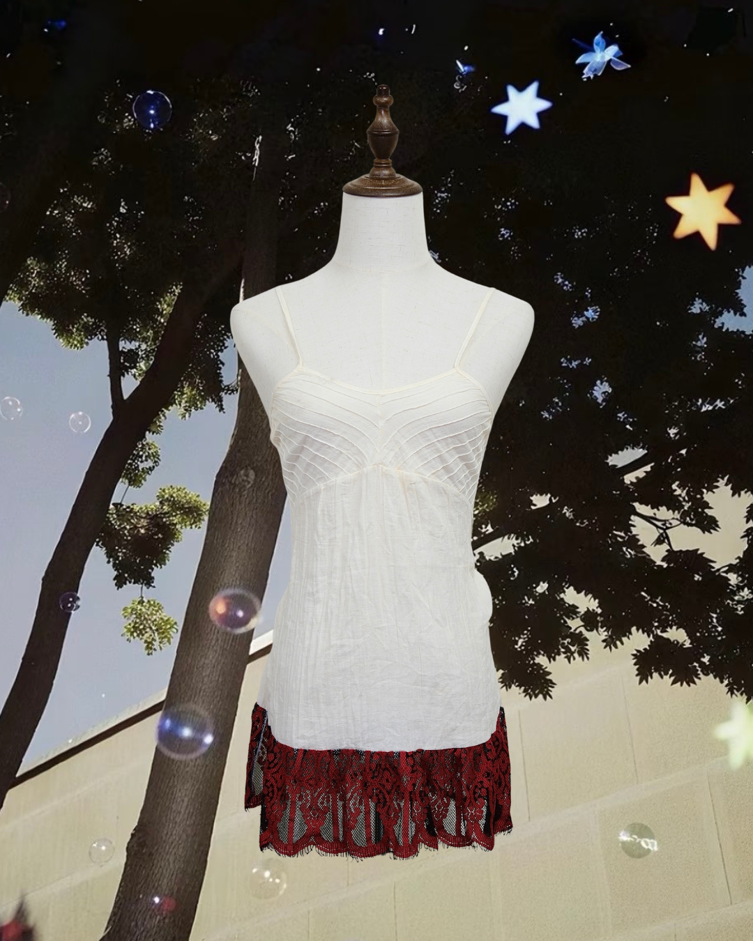 Cream Pleated Cami with Red Lace Hem